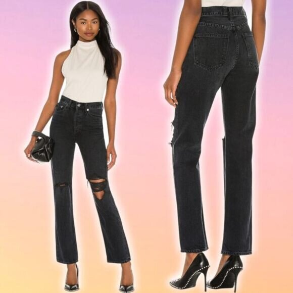 NWT AGOLDE Lana Mid Rise Vintage Straight Sz 27 Disorder Washed Black - Picture 1 of 11